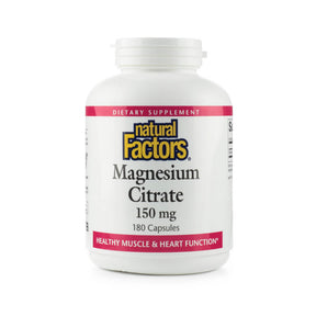 Natural Factors Magnesium Citrate 150 mg 180 capsules white bottle with white label and pink accents