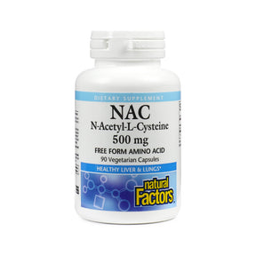 Natural Factors NAC N-Acetyl-L-Cysteine 500 mg, 90 vegetarian capsules, white bottle with blue label