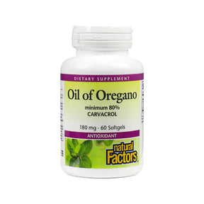 Natural Factors Oil of Oregano 180 mg 60 softgels white bottle with yellow and purple label
