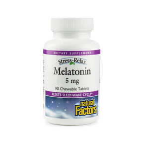 Natural Factors Stress-Relax Melatonin 5 mg chewable tablets, white bottle with purple label, 90 tablets