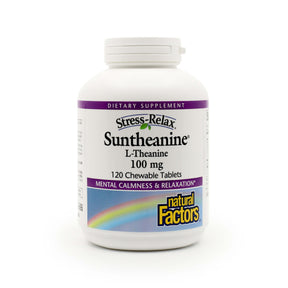 White bottle of Natural Factors Stress-Relax Suntheanine, featuring 100 mg of L-Theanine per tablet. Contains 120 chewable tablets formulated to support mental calmness and relaxation, with a rainbow graphic and purple label accents.