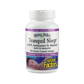 Natural Factors Stress-Relax Tranquil Sleep 90 softgels white bottle with purple label and sleep image