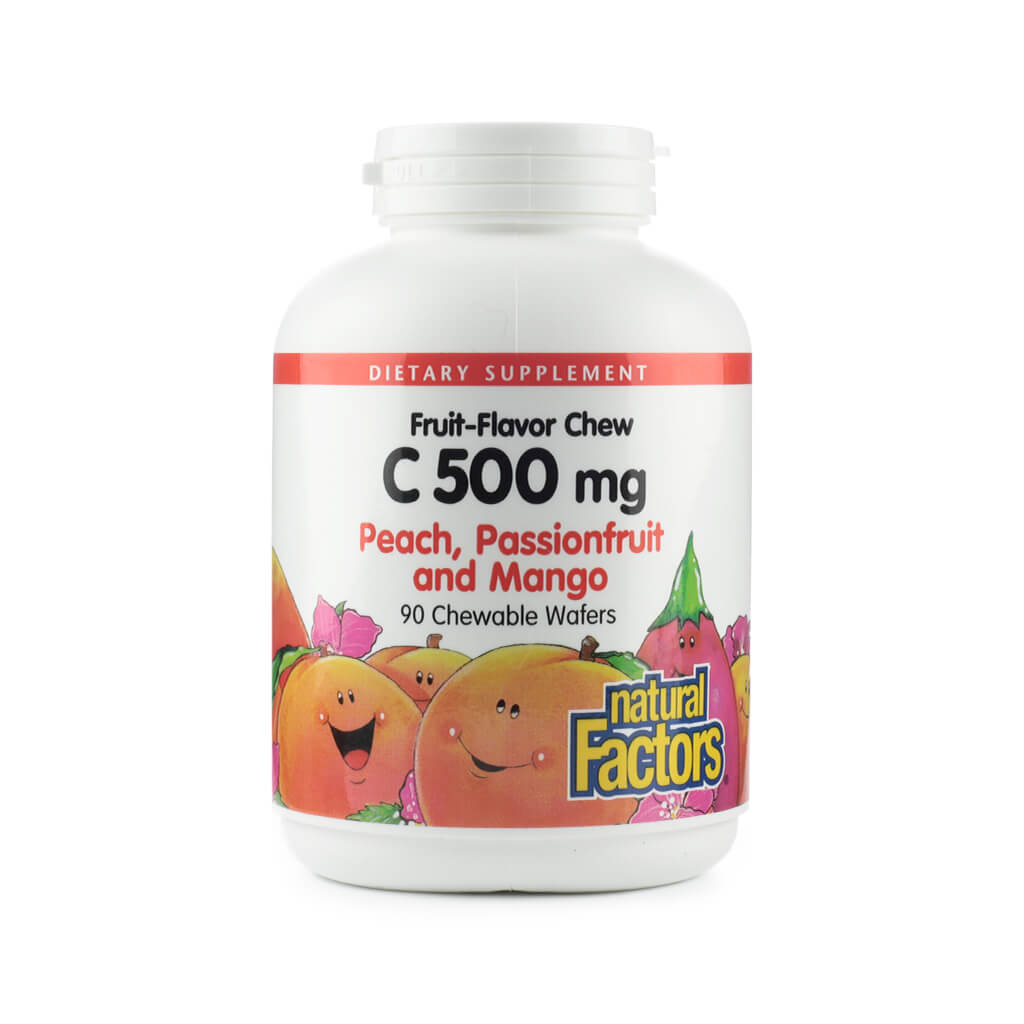 natural factors vitamin c 500mg fruit-flavor chew 90 chewable wafers peach, passionfruit and mango flavor