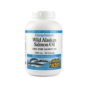 Natural Factors Wild Alaskan Salmon Oil 1000 mg, 180 softgels, white bottle with blue label and fish graphic