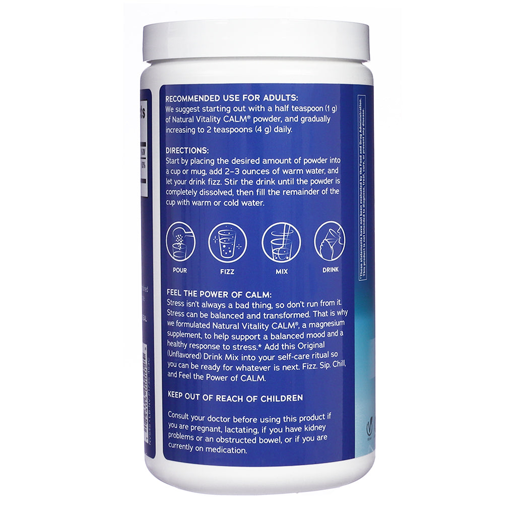 Usage directions panel of Natural Vitality CALM Original Unflavored Drink Mix 16oz, illustrating preparation steps and emphasizing stress support and balanced mood benefits.

