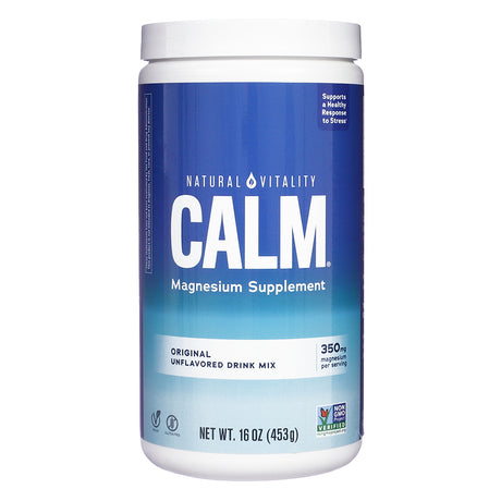 Front view of Natural Vitality CALM Original Unflavored Drink Mix 16oz, highlighting magnesium supplement benefits and stress support with a blue gradient label.


