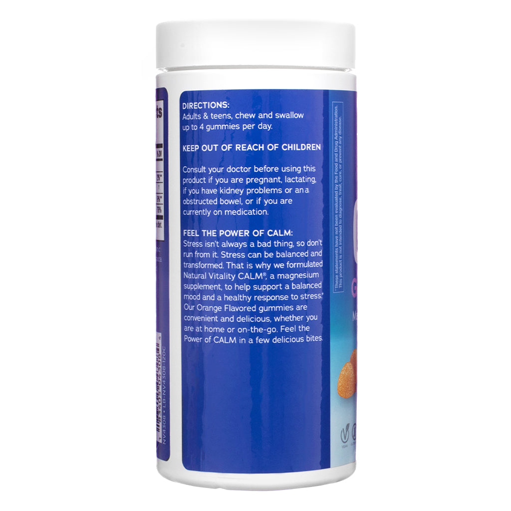Informational and directions panel of Natural Vitality CALM Gummies Orange Flavor 120 Count, featuring usage instructions, safety warnings, and product benefits overview.

