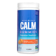Front view of Natural Vitality CALM Gummies Orange Flavor 120 Count, showing the product name, magnesium content, and stress support benefits on a blue gradient label.