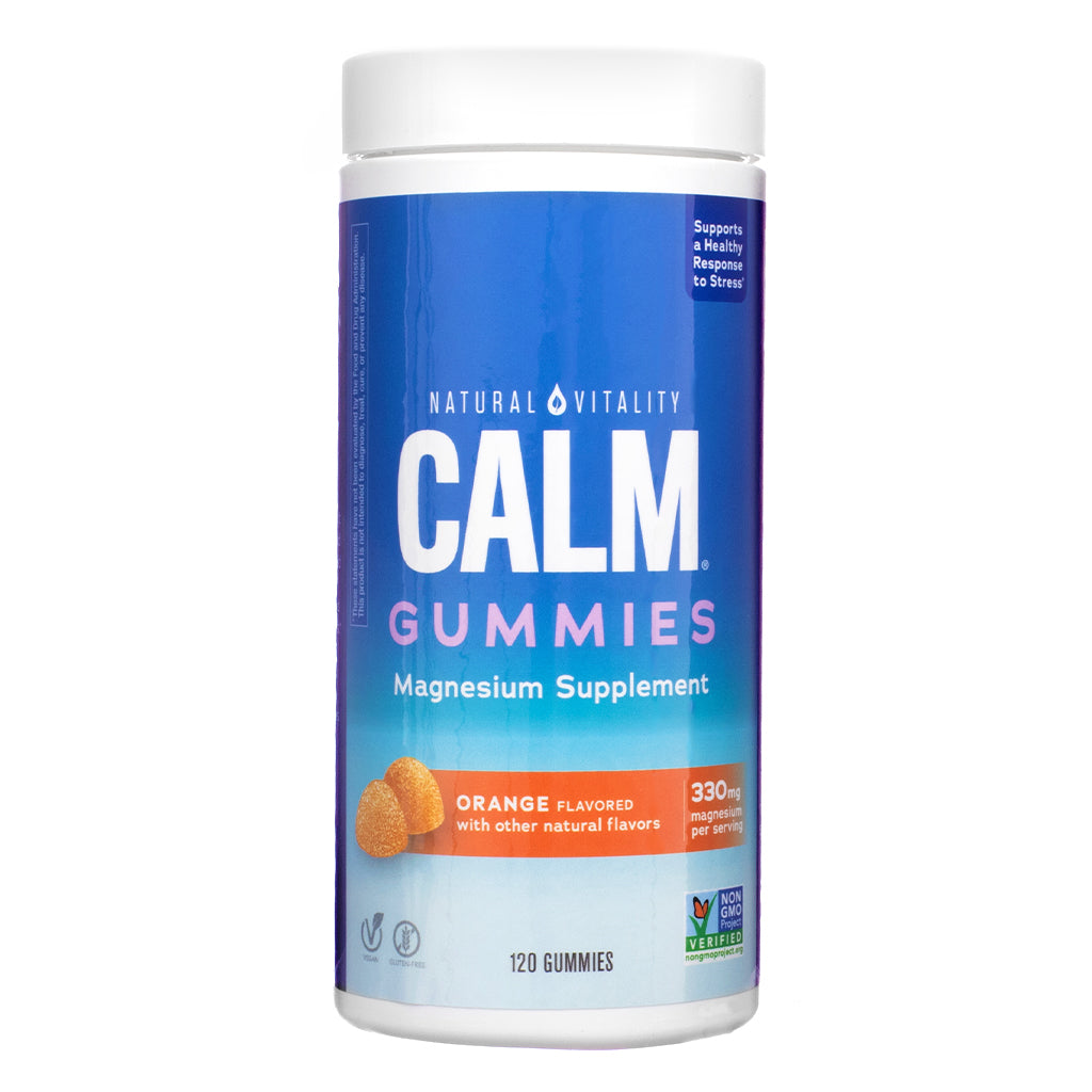 Front view of Natural Vitality CALM Gummies Orange Flavor 120 Count, showing the product name, magnesium content, and stress support benefits on a blue gradient label.