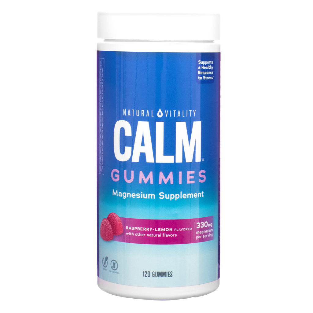 Front view of the Natural Vitality CALM Gummies Raspberry-Lemon Flavor 120 Gummies bottle, showing the branding, flavor label, and key benefit of 330mg magnesium per serving.