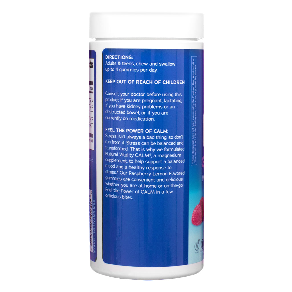 Side panel of the Natural Vitality CALM Gummies Raspberry-Lemon Flavor 120 Gummies bottle, showing directions for use, safety warnings, and product messaging.