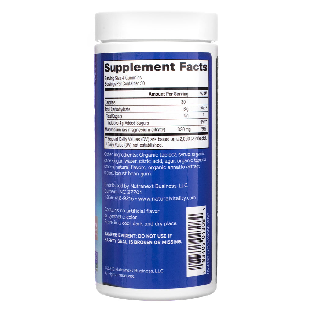 Supplement Facts panel of Natural Vitality CALM Gummies Orange Flavor 120 Count, listing magnesium citrate content, sugars, and ingredient list with serving details.