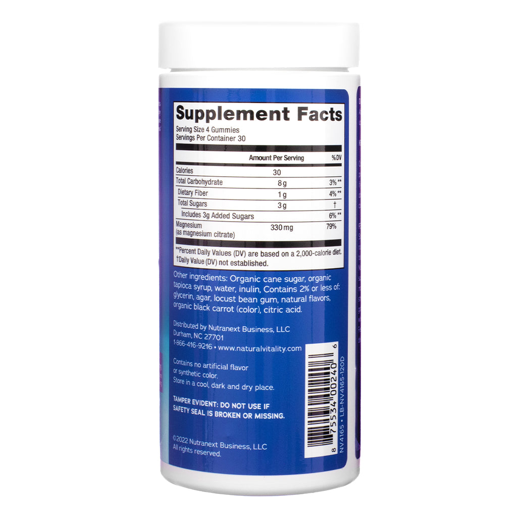 Supplement facts label of Natural Vitality CALM Gummies Raspberry-Lemon Flavor 120 Gummies, displaying nutrition details and ingredients list on the back of the bottle.