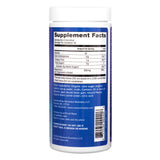 Supplement facts label of Natural Vitality CALM Gummies Raspberry-Lemon Flavor 120 Gummies, displaying nutrition details and ingredients list on the back of the bottle.