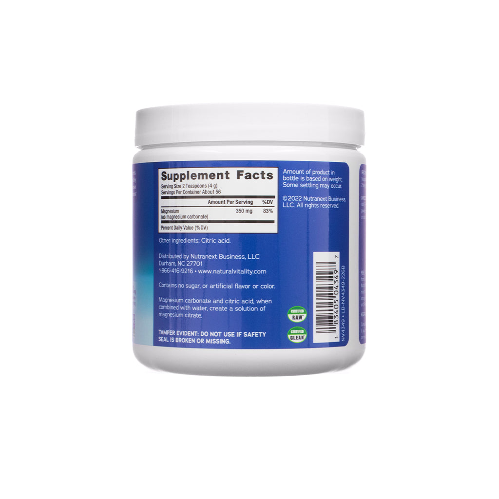 Back label of Natural Vitality CALM Original Unflavored 8 oz showing supplement facts with 350 mg magnesium per 2-teaspoon serving, derived from magnesium carbonate. Additional info notes it contains no sugar, artificial flavors, or colors.