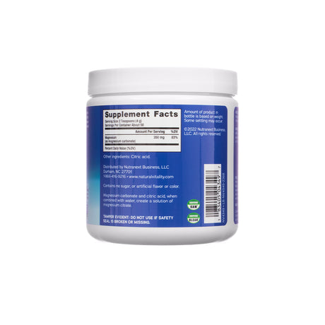 Back label of Natural Vitality CALM Original Unflavored 8 oz showing supplement facts with 350 mg magnesium per 2-teaspoon serving, derived from magnesium carbonate. Additional info notes it contains no sugar, artificial flavors, or colors.