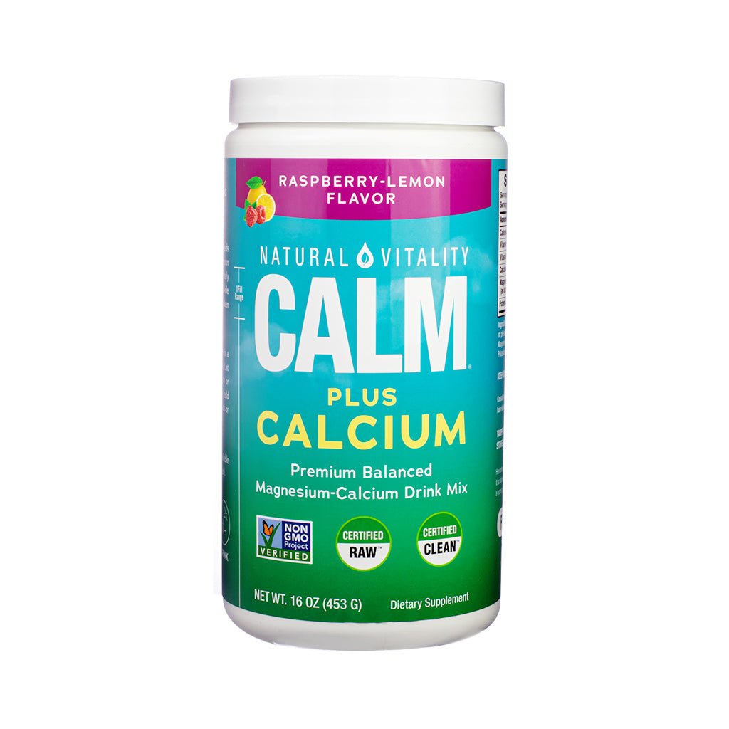 Tall canister of Natural Vitality CALM Plus Calcium with a teal and pink label. Features raspberry-lemon flavor, 16 oz size, and promotes a balanced magnesium-calcium supplement drink mix.