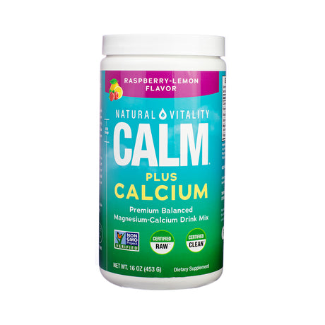 Tall canister of Natural Vitality CALM Plus Calcium with a teal and pink label. Features raspberry-lemon flavor, 16 oz size, and promotes a balanced magnesium-calcium supplement drink mix.
