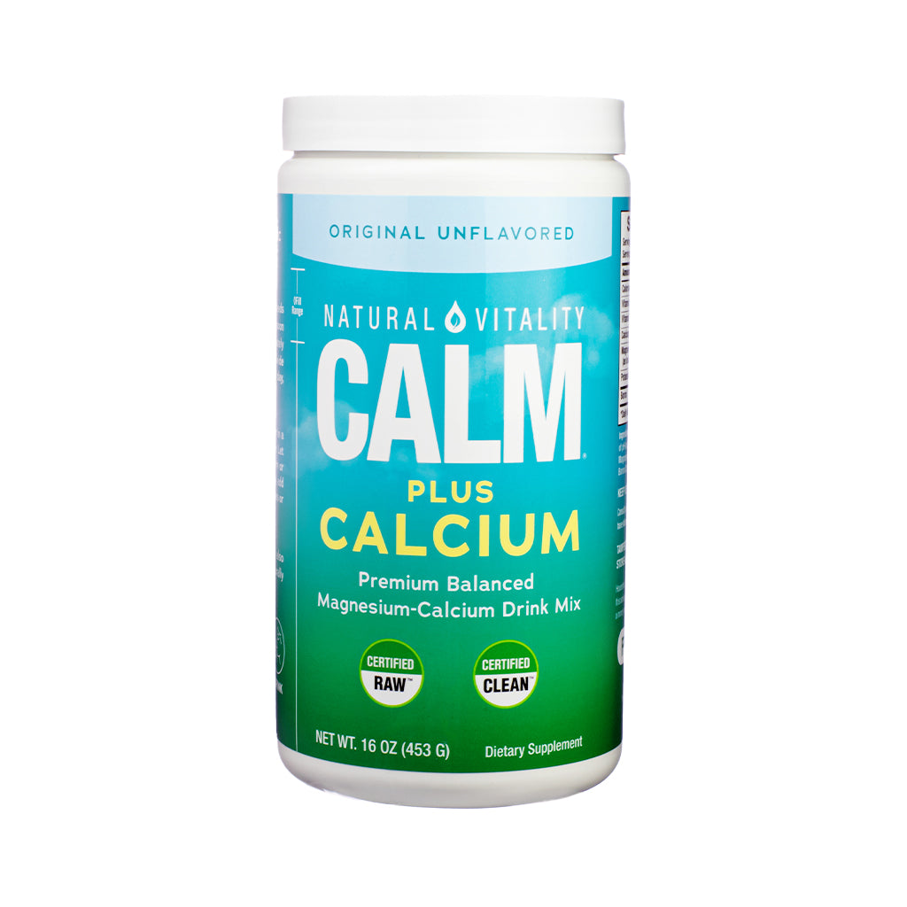 Tall white container of Natural Vitality CALM Plus Calcium Original Unflavored, 16 oz. Features a green and teal gradient label advertising magnesium-calcium drink mix with certifications for RAW and CLEAN.