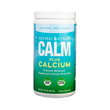 Tall white container of Natural Vitality CALM Plus Calcium Original Unflavored, 16 oz. Features a green and teal gradient label advertising magnesium-calcium drink mix with certifications for RAW and CLEAN.