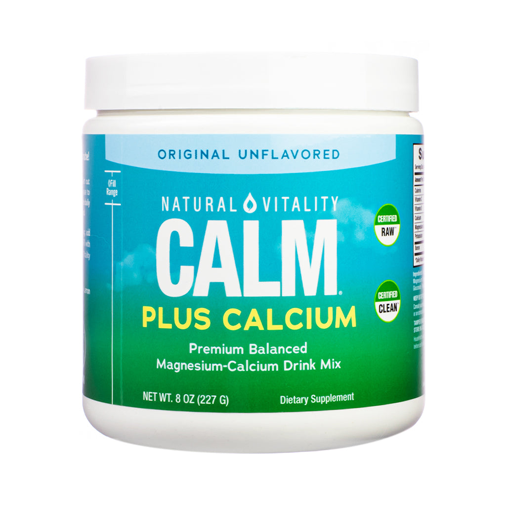 White-lidded tub of Natural Vitality CALM Plus Calcium in the Original Unflavored variety, 8 oz. The green and blue label promotes a premium balanced magnesium-calcium drink mix and highlights "Certified RAW" and "Certified CLEAN" badges.