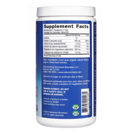 Supplement Facts panel of Natural Vitality CALM Plus Calcium Raspberry-Lemon Drink Mix 16oz, listing vitamins C and D, calcium, magnesium, and potassium content.