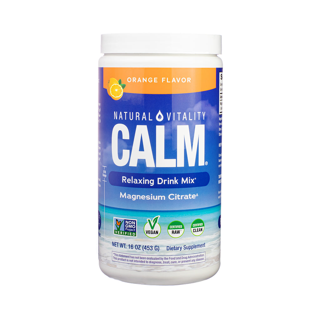 Large 16 oz container of Natural Vitality CALM Relaxing Drink Mix in Orange Flavor. Blue label with orange header and ocean imagery promotes magnesium citrate, with certifications for vegan, RAW, CLEAN, and Non-GMO.