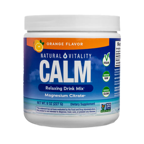 Compact jar of Natural Vitality CALM Relaxing Drink Mix in Orange Flavor, 8 oz. The deep blue label features a sliced orange illustration and magnesium citrate formula, with certifications for vegan, RAW, CLEAN, and Non-GMO Verified.