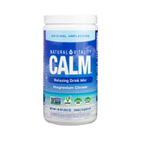Natural Vitality CALM Relaxing Drink Mix in Original Unflavored, 16 oz container. The blue and white ocean-themed label indicates magnesium citrate content and includes vegan, RAW, and CLEAN certifications.