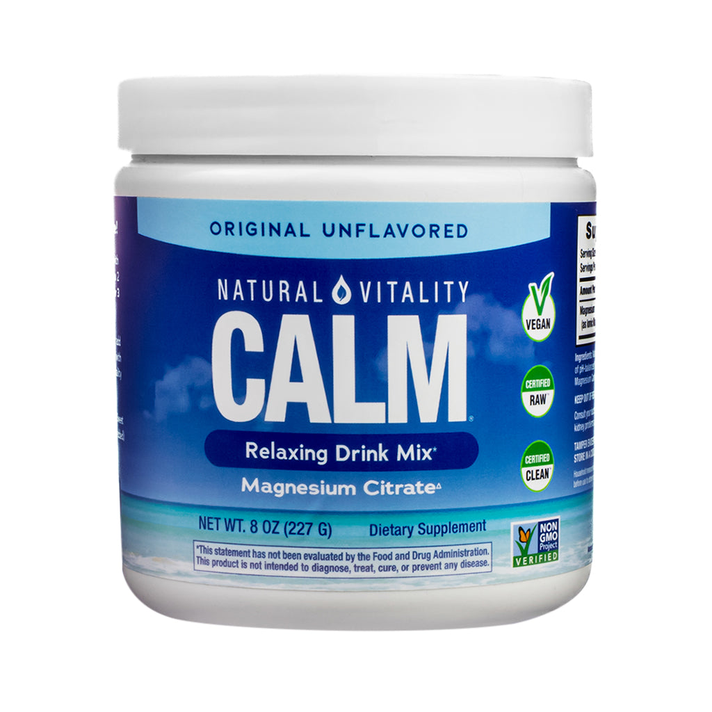 Natural Vitality CALM Relaxing Drink Mix in Original Unflavored, 8 oz container. The ocean-blue label emphasizes magnesium citrate and includes icons for vegan, certified RAW, certified CLEAN, and Non-GMO Project Verified.