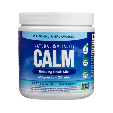 Natural Vitality CALM Relaxing Drink Mix in Original Unflavored, 8 oz container. The ocean-blue label emphasizes magnesium citrate and includes icons for vegan, certified RAW, certified CLEAN, and Non-GMO Project Verified.