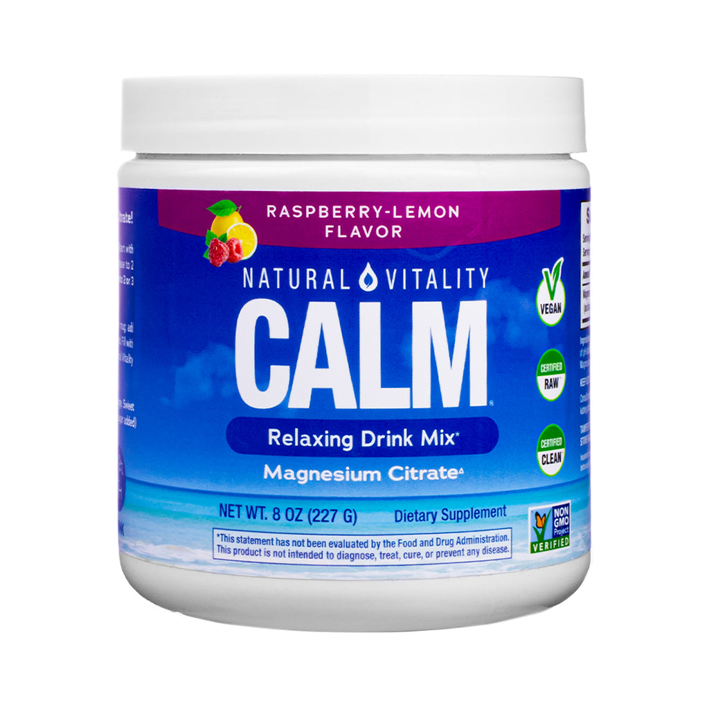 8 oz container of Natural Vitality CALM Relaxing Drink Mix in Raspberry-Lemon Flavor with a vibrant purple-pink header and ocean-blue background. Includes magnesium citrate and badges for Non-GMO, vegan, RAW, and CLEAN.