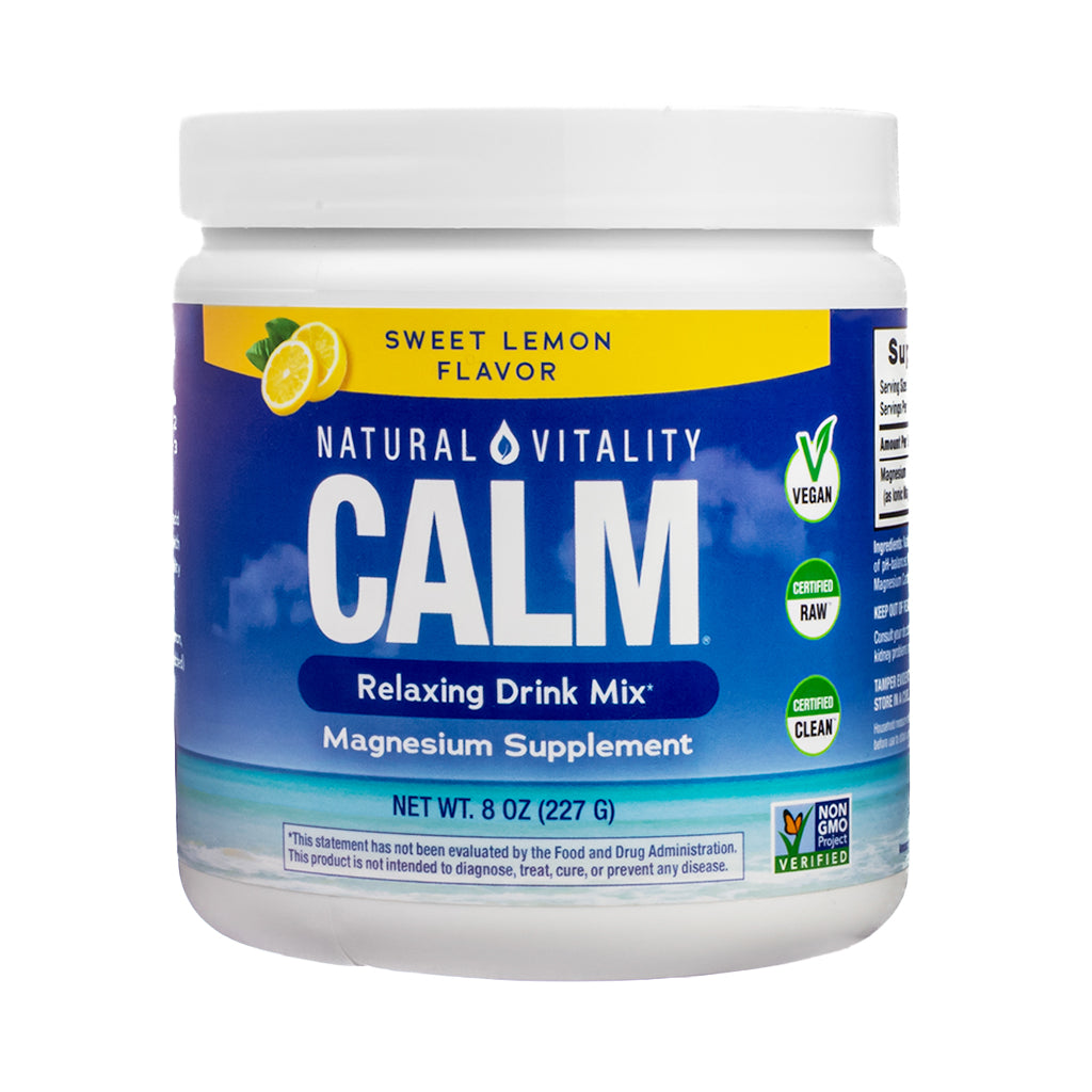 8 oz tub of Natural Vitality CALM Relaxing Drink Mix in Sweet Lemon Flavor. The label features a lemon slice illustration, promotes magnesium supplement benefits, and highlights certifications: vegan, RAW, CLEAN, and Non-GMO.