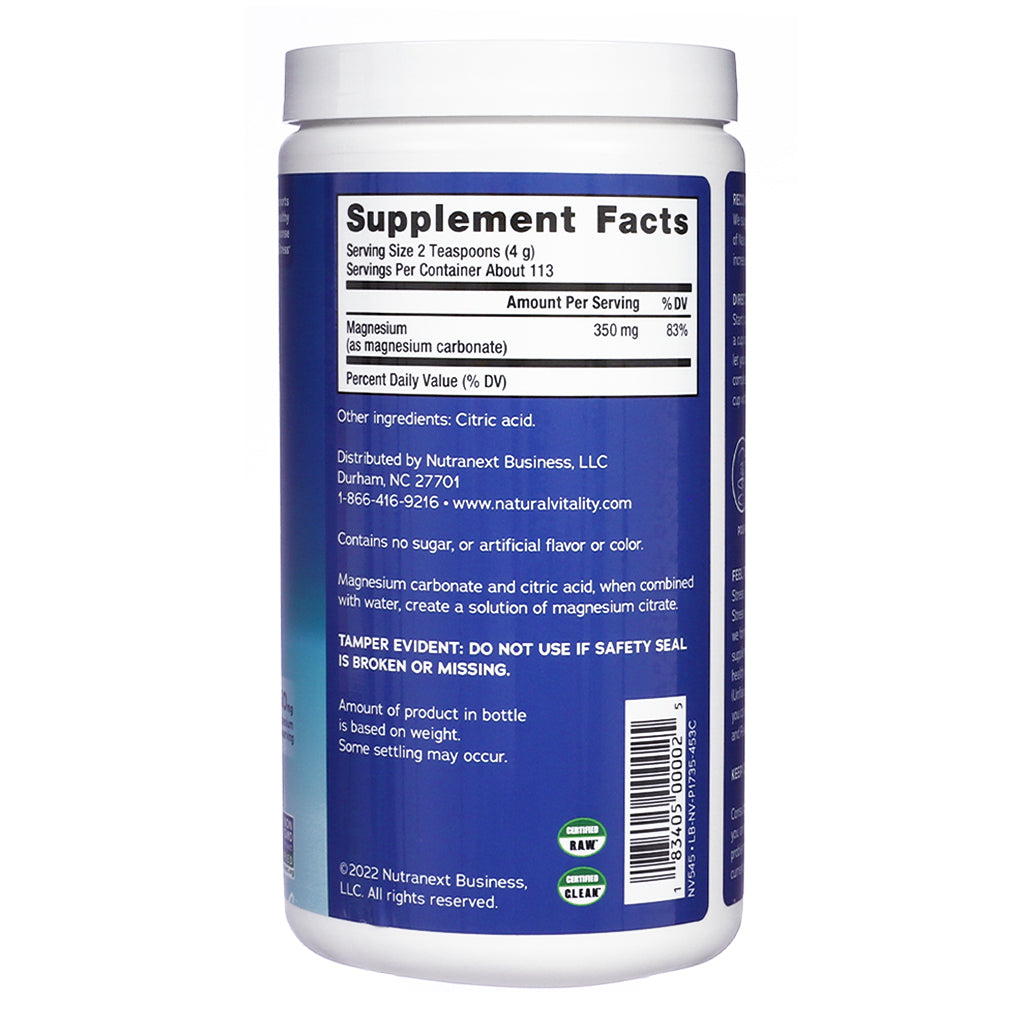 Supplement Facts panel of Natural Vitality CALM Original Unflavored Drink Mix 16oz, showing magnesium carbonate content, ingredients, and safety seal notice.