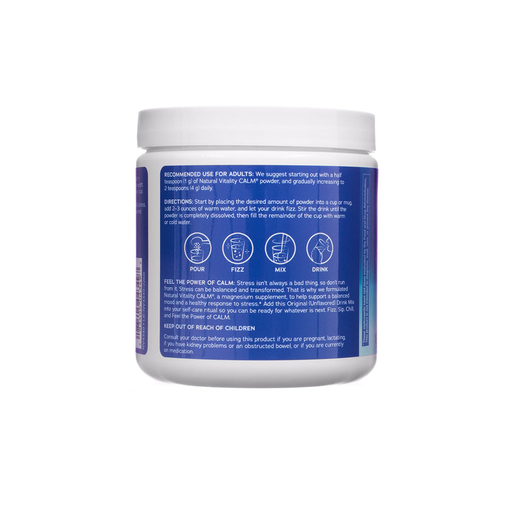 Side panel of Natural Vitality CALM Original Unflavored 8 oz featuring illustrated directions to pour, fizz, mix, and drink. Includes usage recommendations and a description of how the supplement supports a balanced mood and stress relief.