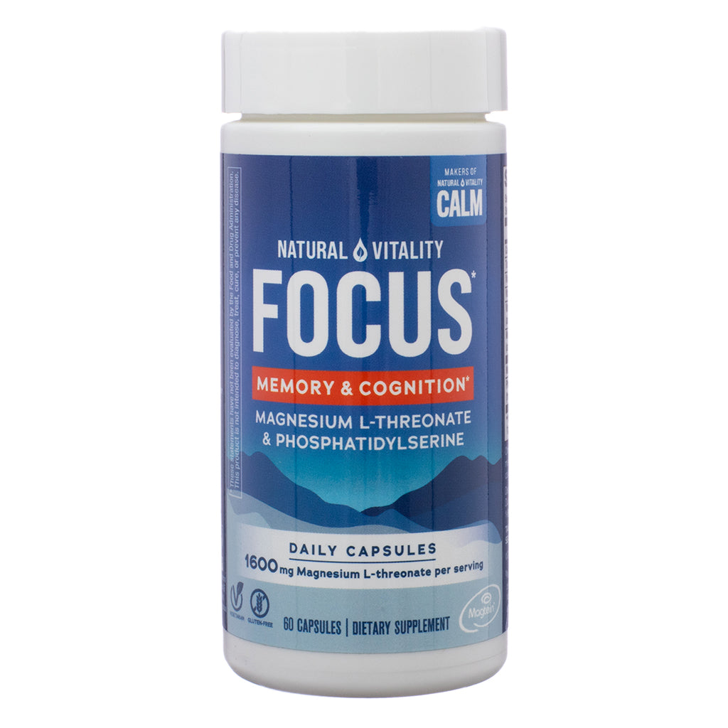 A white bottle of Natural Vitality Focus, displaying the front label with product branding. The label highlights memory & cognition support with magnesium L-threonate and phosphatidylserine. The dietary supplement contains 60 capsules and promotes brain health and focus.