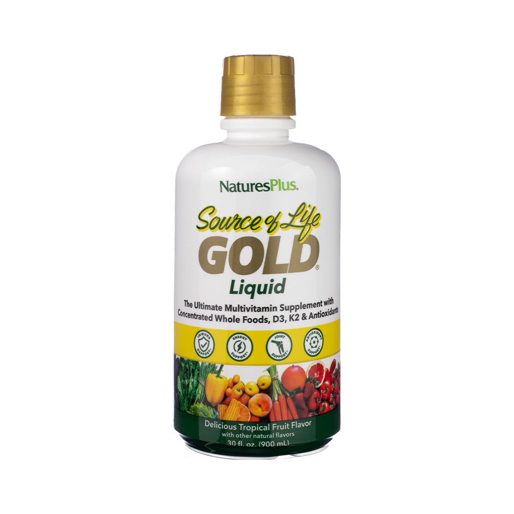 Nature’sPlus Source of Life Gold Liquid Multivitamin, front label showing vibrant multivitamin formula in liquid form with whole food-based ingredients and gold standard branding.