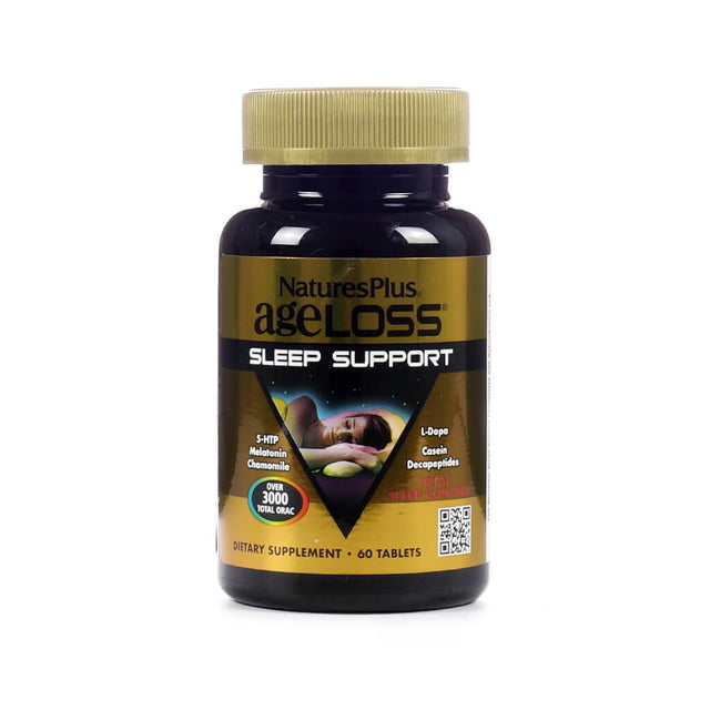 A dark bottle with a gold cap of NaturesPlus AgeLoss Sleep Support dietary supplement containing 60 tablets. The label highlights ingredients like 5-HTP, melatonin, chamomile, L-Dopa, and casein decapeptides, and promotes total sleep control with over 3000 Total ORAC antioxidant units.