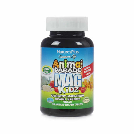A dark bottle with a white cap of NaturesPlus Source of Life Animal Parade Mag Kidz children's magnesium chewable supplement containing 90 animal-shaped tablets. The label highlights a natural cherry flavor, sugar-free, vegan, and non-GMO formula.