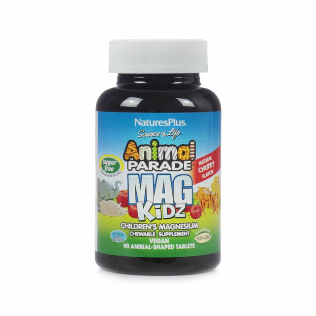 A dark bottle with a white cap of NaturesPlus Source of Life Animal Parade Mag Kidz children's magnesium chewable supplement containing 90 animal-shaped tablets. The label highlights a natural cherry flavor, sugar-free, vegan, and non-GMO formula.