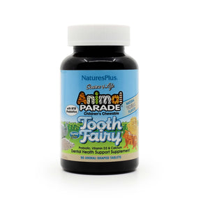 Nature's Plus Animal Parade Tooth Fairy children's chewable tablets bottle, black bottle with blue 90 tablet label