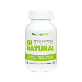 Nature's Plus GI Natural Total Digestive Wellness white bottle, green and white label, 90 bi-layer tablets