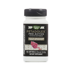 Nature's Way Petadolex Pro-Active 60 softgels bottle, white bottle with black label and pink butterbur flower