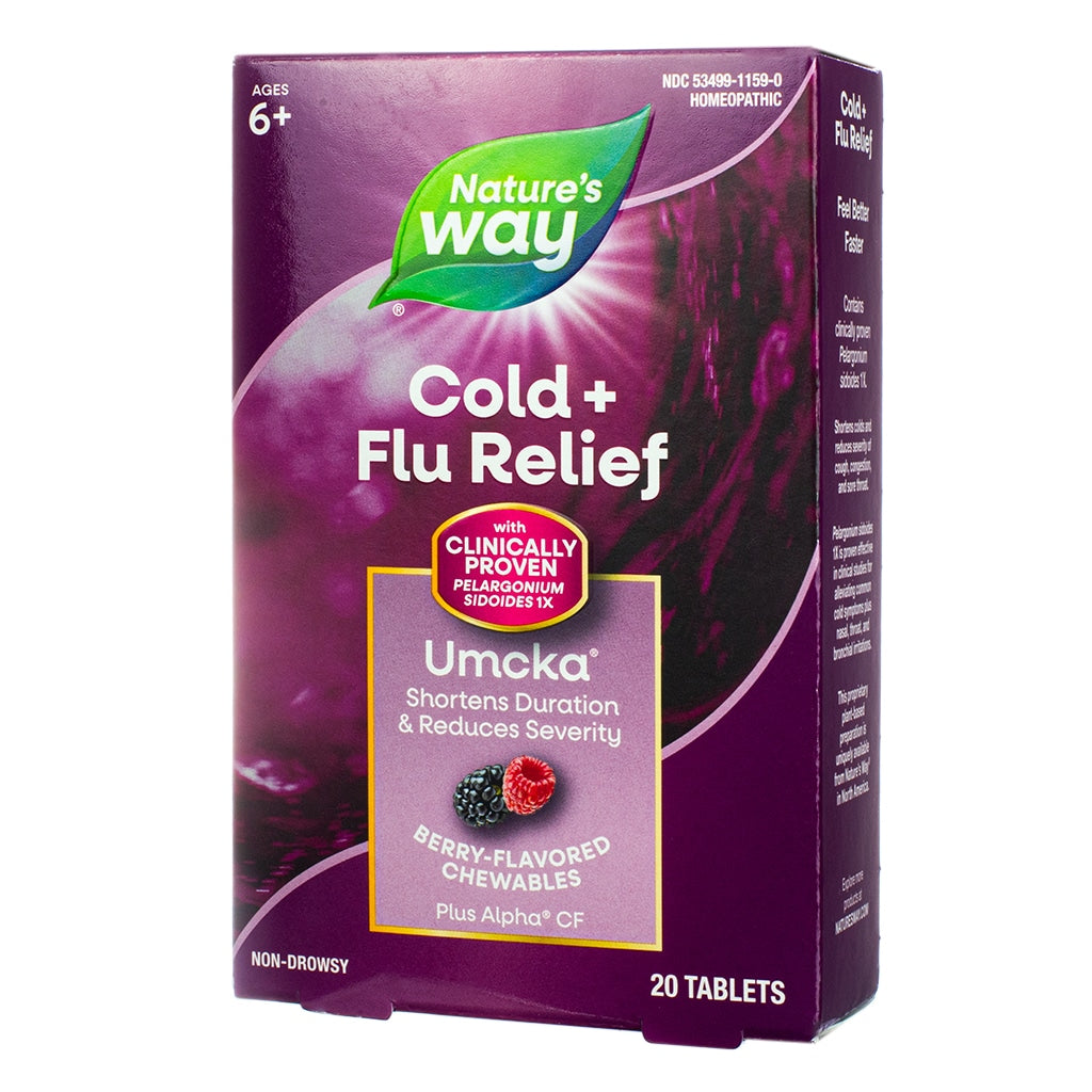 Nature’s Way Umcka Cold + Flu Relief chewable tablets, berry flavor, in a 20-tablet box. Clinically proven formula with Pelargonium sidoides 1X to reduce symptom severity and duration, suitable for ages 6 and older.