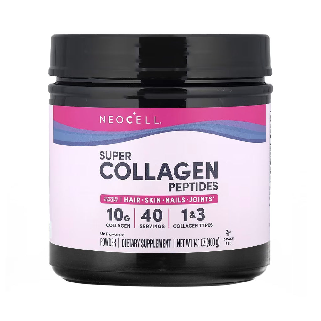 Black jar of NeoCell Super Collagen Peptides Powder with a pink and white label, promoting support for hair, skin, nails, and joints. Features 10g of collagen per serving, 40 servings total, with types 1 & 3 collagen in an unflavored powder formula.
