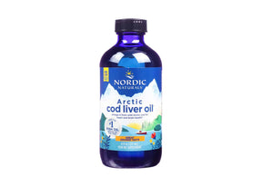 Nordic Naturals Arctic Cod Liver Oil Orange liquid, blue 8 fl oz bottle with white and blue label