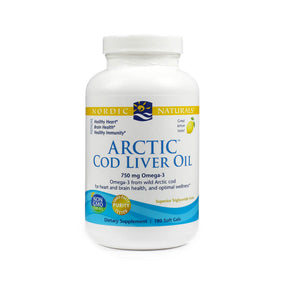 Nordic Naturals Arctic Cod Liver Oil softgels, white bottle with blue and yellow label, 180 softgels