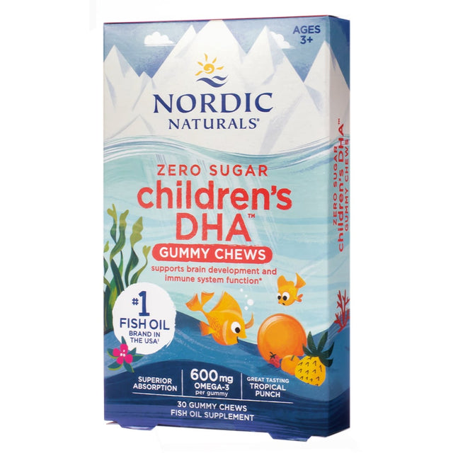 A box of Nordic Naturals Children’s DHA Gummies in tropical punch flavor, containing 30 gummies. Each gummy provides 600mg of Omega-3 to support brain development and immune system health for kids aged 3 and older. Zero sugar and crafted for superior absorption.