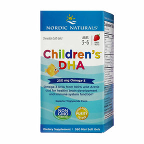 Nordic Naturals Children's DHA strawberry chewable soft gels box, blue and white label, 360 mini soft gels