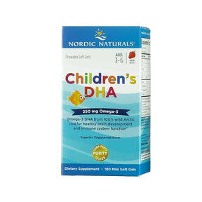 Nordic Naturals Children's DHA strawberry chewable soft gels box, blue label, 180 mini soft gels, supplement facts side
